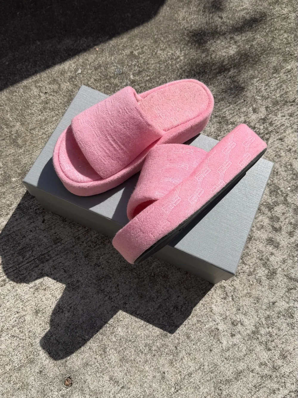 Balenciaga Pink Plush Platform Slide Sandals